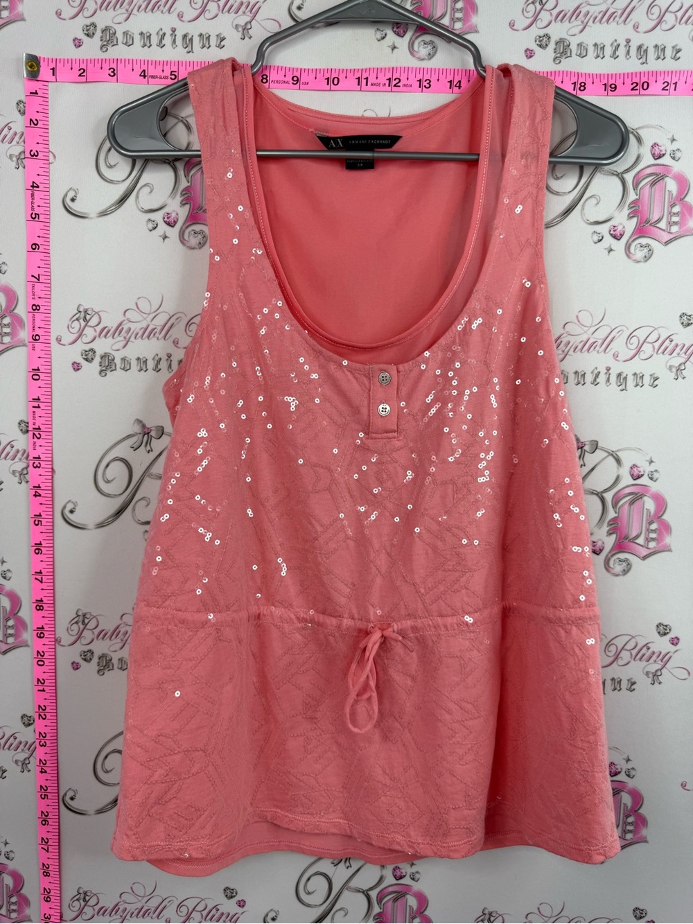 Armani Exchange tank top sparkly tie up waist Coral Pink Sequin Scoop Neck Tank